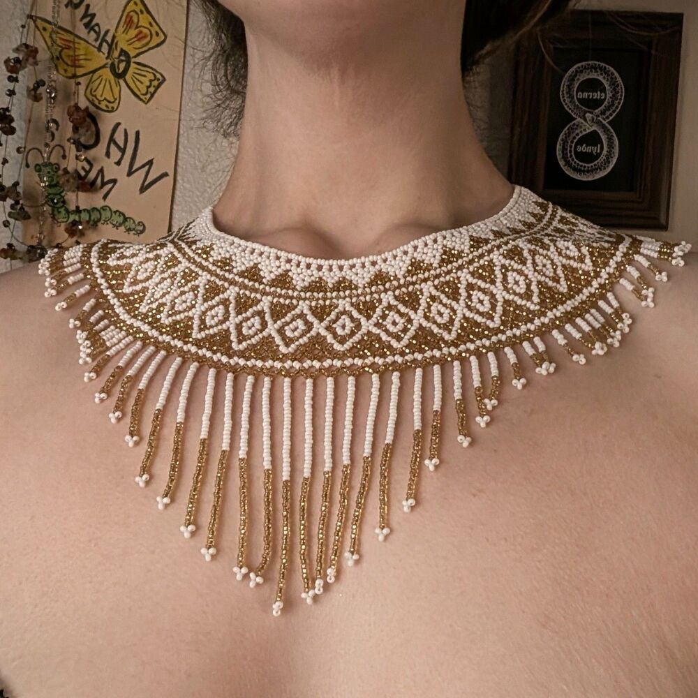 Beaded Fringe Bib Choker Collar Necklace White Gold
